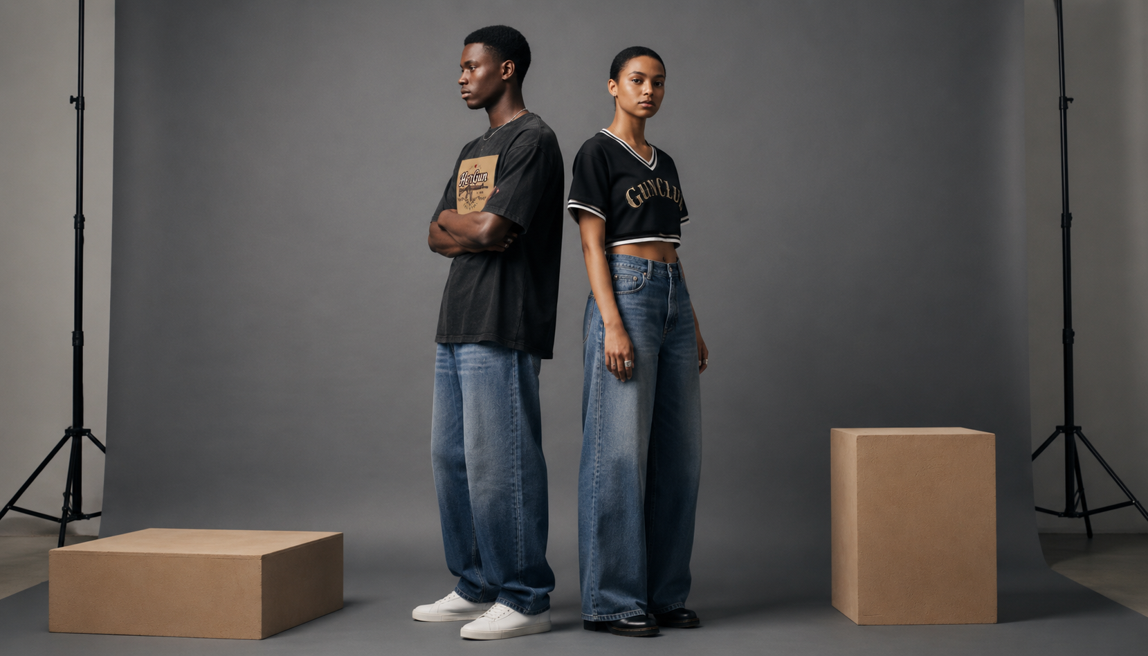 HERGUN denim streetwear editorial featuring coordinated denim pieces